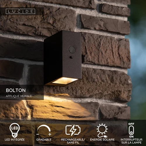 Lucide BOLTON - Applique murale- Énergie Solaire - LED Dim. - 1x1W 3000K - IP54- Détecteur De Mouvement & Jour/Nuit - Noir - USP